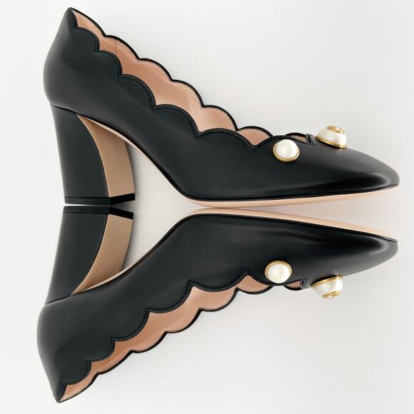 GUCCI Willow Loafer Pumps EU 37.5 US 7.5 Black GG Logo Pearl Scalloped Leather - Picture 8 of 15